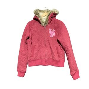 Vintage Y2K Victoria's Secret PINK Quilted Jacket Faux Fur Hood Ski Team‎ Pink L
